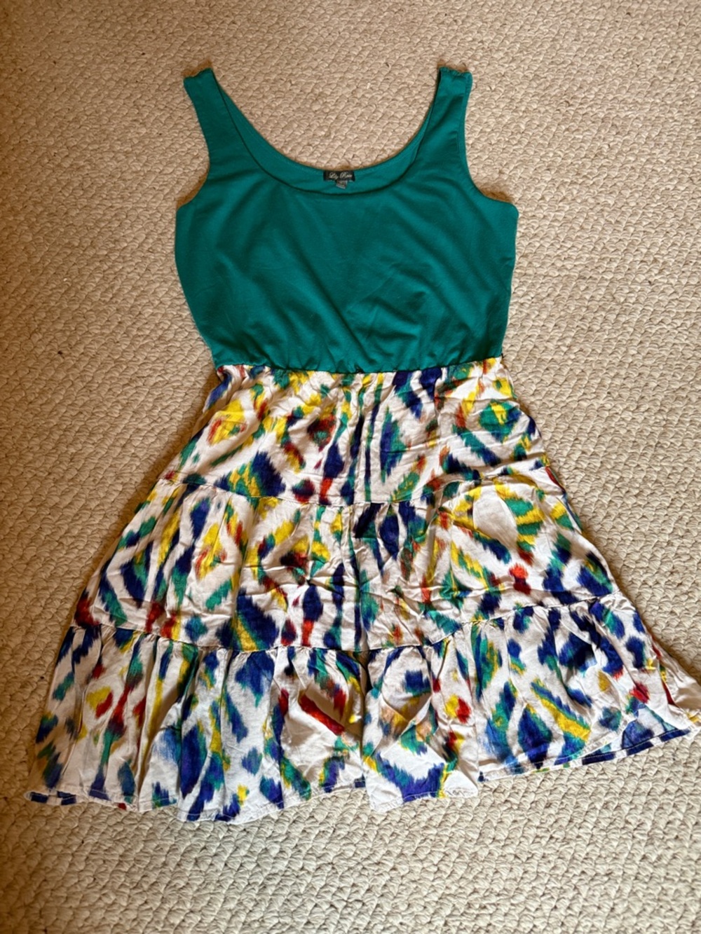Lily Rose Teal Tank Dress with Multicolor Printed Tiered Skirt